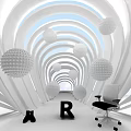 Futuristic White Space With Curved Structures Spherical Decorations Black Letter R Office Chair And Boots