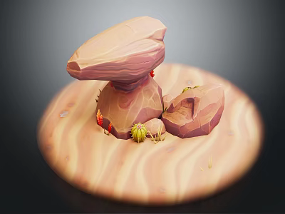 Natural Desert Setting With Stacked Rocks Small Cactus And Sandy Ground Surface 3d model