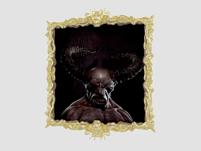 Golden Ornate Picture Frame With Intricate Designs Featuring Horned Monster Figure Artwork 3d model