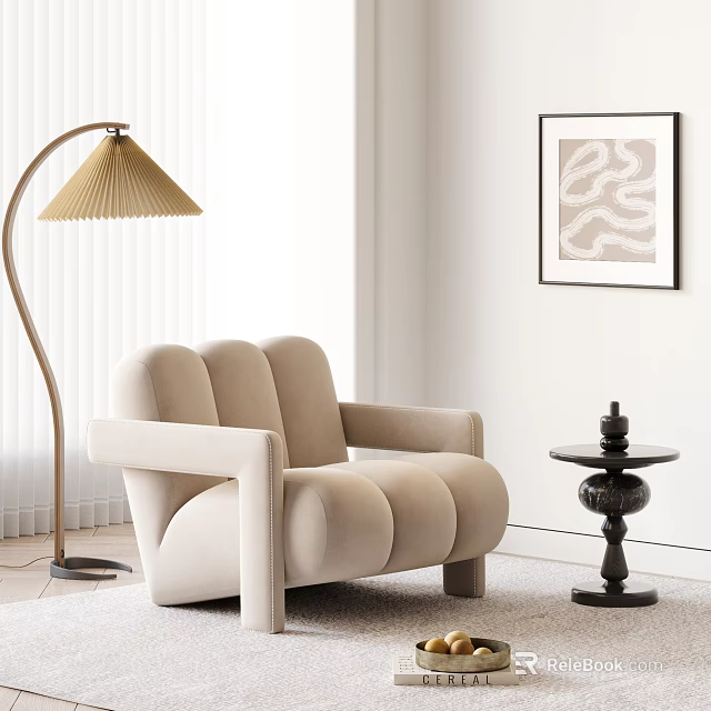 Single Sofa With Beige Curved Design Modern Living Room Floor Lamp Side Table Abstract Painting 3d model 