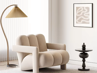 Single Sofa With Beige Curved Design Modern Living Room Floor Lamp Side Table Abstract Painting 3d model