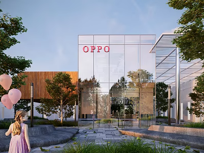 OPPO Modern Office Building Featuring Glass Facade And Surrounding Greenery Trees 3d model