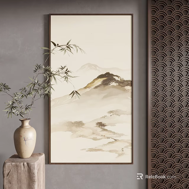 Traditional Chinese Landscape Painting In Indoor Decor With Bamboo Vase 3d model 