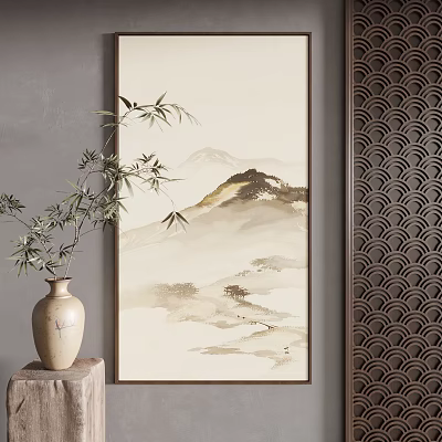 Traditional Chinese Landscape Painting In Indoor Decor With Bamboo Vase 3d model