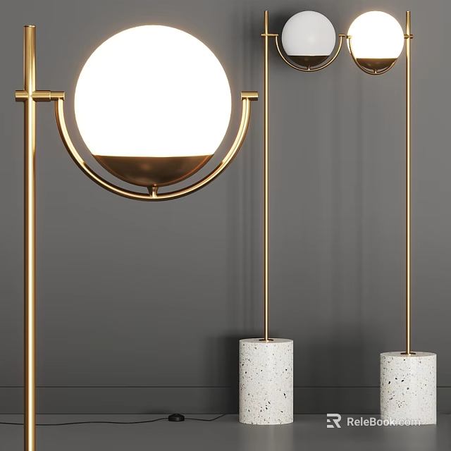 Modern Floor Lamp With Golden Stand White Spherical Shade And Concrete Base 3d model 