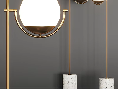 Modern Floor Lamp With Golden Stand White Spherical Shade And Concrete Base 3d model