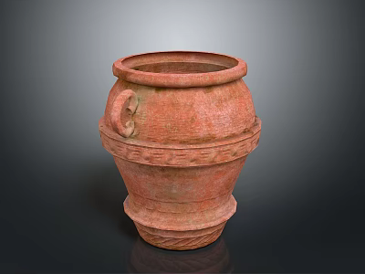 Hand Carved Terracotta Jar Sculpture With Intricate Patterns And Ear Handles 3d model
