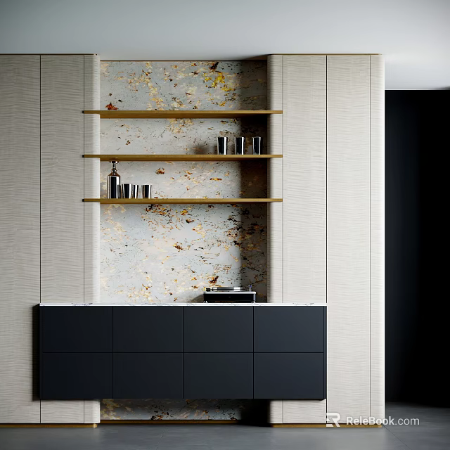 Modern Sideboard With Black Cabinets Wooden Shelves Marble Top And Decorative Items 3d model 