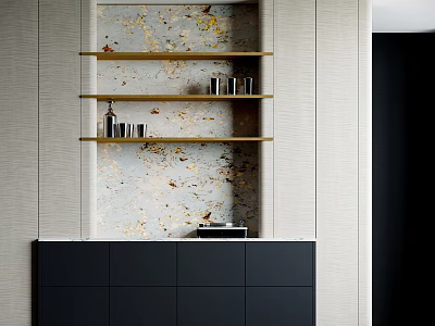 Modern Sideboard With Black Cabinets Wooden Shelves Marble Top And Decorative Items 3d model