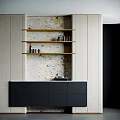 Modern Sideboard With Black Cabinets Wooden Shelves Marble Top And Decorative Items