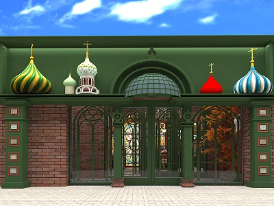 Traditional Restaurant Exterior With Colorful Domes Red Brick Walls And Arched Wrought Iron Gates 3d model