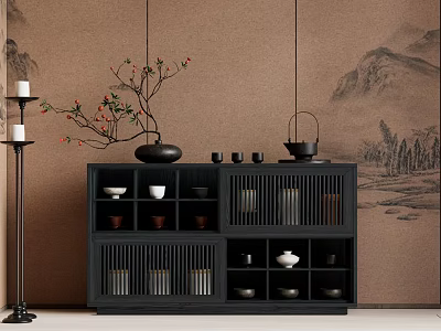 Black Traditional Chinese Decorative Cabinet with Tea Sets Vase Branches and Landscape Painting Wall 3d model