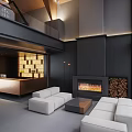 Hotel Lobby With High Wooden Ceiling Open Space White Sofa Fireplace And Reception Desk 3d model