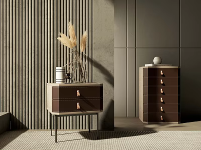 Modern Bedside Tables with Drawers Decorative Vase and Dried Pampas Grass against Textured Wall 3d model