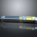 Metallic Lightsaber With Blue And Yellow Accents Reflective Surface And Detailed Structure
