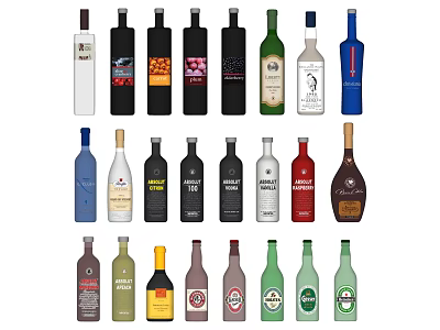 Various Wine Bottles And Glasses Collection With Different Labels And Shapes 3d model