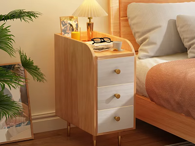 Wooden Nightstand With White Drawers Gold Legs Table Lamp Glasses And Photo Frame 3d model