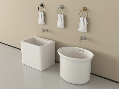 Modern Bathroom Accessories With Square Round Washbasins Wall Mounted Towel Rings And White Towels 3d model