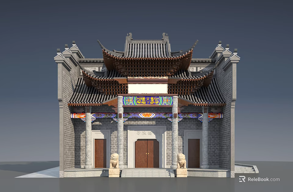 Ancient Chinese Architecture Featuring Traditional Roof Stone Brick Walls Wooden Doors and Stone Lions 3d model 