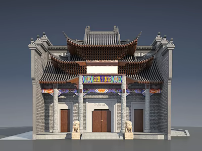 Ancient Chinese Architecture Featuring Traditional Roof Stone Brick Walls Wooden Doors and Stone Lions 3d model