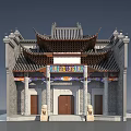 Ancient Chinese Architecture Featuring Traditional Roof Stone Brick Walls Wooden Doors and Stone Lions