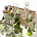 Stylish Tableware Set With Wooden Trays Glassware Plates Napkins Apples And Greenery