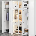 Modern White Wardrobe Interior With Hanging Clothes Bookshelves Storage Boxes And Decorative Items