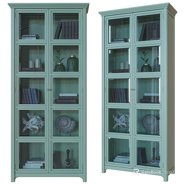 Light Green TV Cabinet With Double Glass Doors And Glass Shelves Books And Decorative Items 3d model 