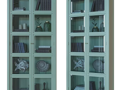 Light Green TV Cabinet With Double Glass Doors And Glass Shelves Books And Decorative Items 3d model