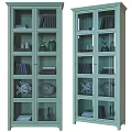 Light Green TV Cabinet With Double Glass Doors And Glass Shelves Books And Decorative Items
