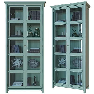 Light Green TV Cabinet With Double Glass Doors And Glass Shelves Books And Decorative Items 3d model