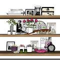 Decorative Ornament Set With Framed Photos Vases Fresh Roses And Books On Wooden Shelves