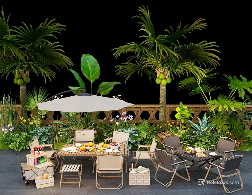 Tropical Garden Landscape With Palm Trees Outdoor Dining Set Umbrella And Lush Greenery 3d model 