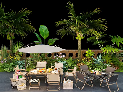 Tropical Garden Landscape With Palm Trees Outdoor Dining Set Umbrella And Lush Greenery 3d model