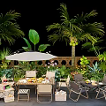 Tropical Garden Landscape With Palm Trees Outdoor Dining Set Umbrella And Lush Greenery