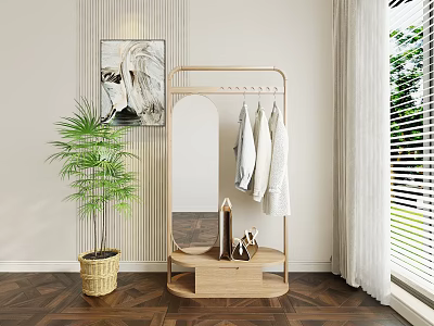 Wooden Coat Rack Interior With Hanging White Clothes Mirror Green Plant And Blinds 3d model