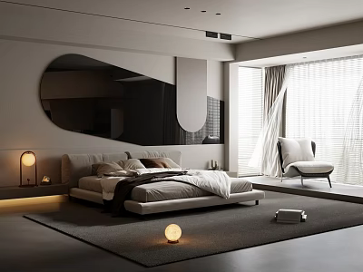 Modern Bedroom With Large Bed Irregular Black Mirror White Armchair And Floor to Ceiling Curtains 3d model