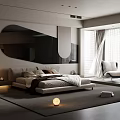 Modern Bedroom With Large Bed Irregular Black Mirror White Armchair And Floor to Ceiling Curtains