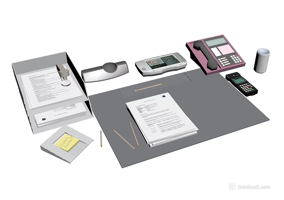 Office Desk Setup With Folder Stapler Calculator Phone Sticky Notes And Pens 3d model