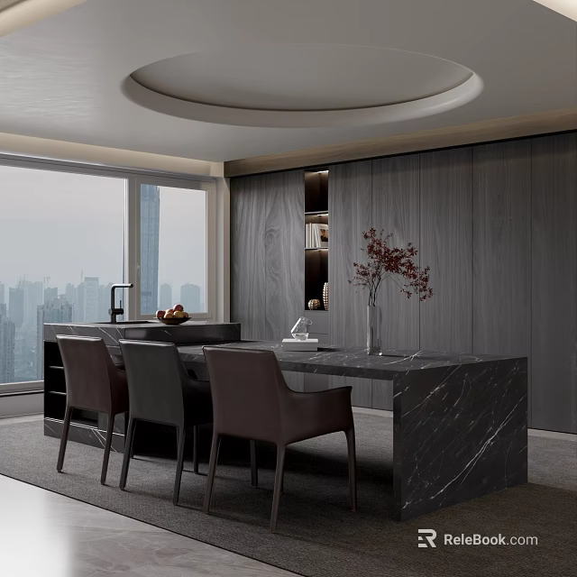Modern Restaurant Interior With City View Large Window Gray Wooden Wall And Marble Dining Table 3d model 