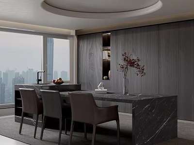 Modern Restaurant Interior With City View Large Window Gray Wooden Wall And Marble Dining Table 3d model