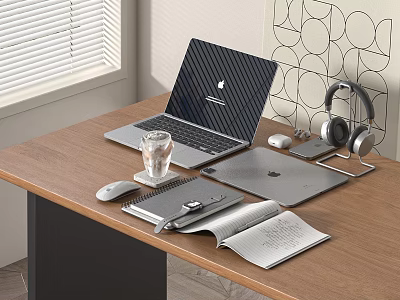 Organized Wooden Desk Workspace With Laptop Tablet Headphones Notebook Glass And Mouse 3d model