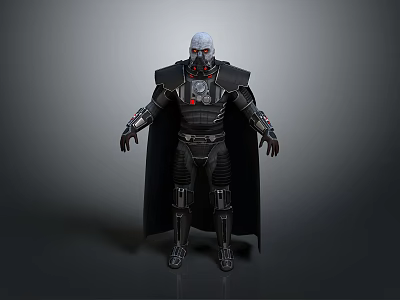 Sci-Fi Warrior Character With Metallic Helmet Armored Body And Long Cloak 3d model