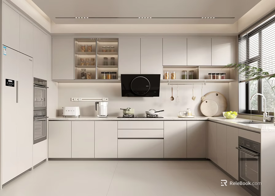 Modern Kitchen Interior With White Cabinets Open Glass Shelves Black Range Hood And Green Plant 3d model 