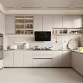 Modern Kitchen Interior With White Cabinets Open Glass Shelves Black Range Hood And Green Plant