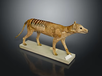 Tasmanian Tiger Detailed Preserved Taxidermy Specimen with Natural Features on White Display Base 3d model