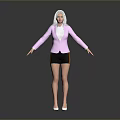 Fashionable Woman With White Hair In Pink Blazer White Top Black Shorts And High Heels