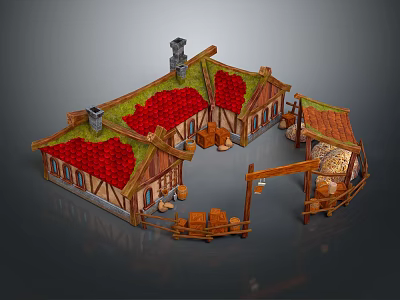 Cartoon Scene of Cozy Wooden Village with Red Roofs Green Grass Barrels and Structures 3d model