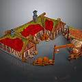 Cartoon Scene of Cozy Wooden Village with Red Roofs Green Grass Barrels and Structures