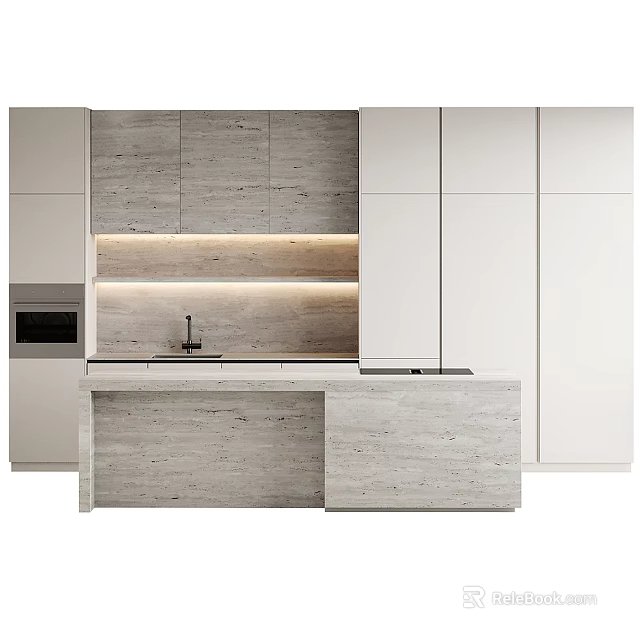 Modern Minimalist Kitchen With Light Gray Cabinets And Stone Countertop 3d model